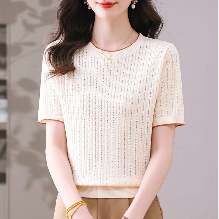 夏季新款天丝圆领短袖提花宽松显瘦时尚百搭减龄薄款小衫D6807