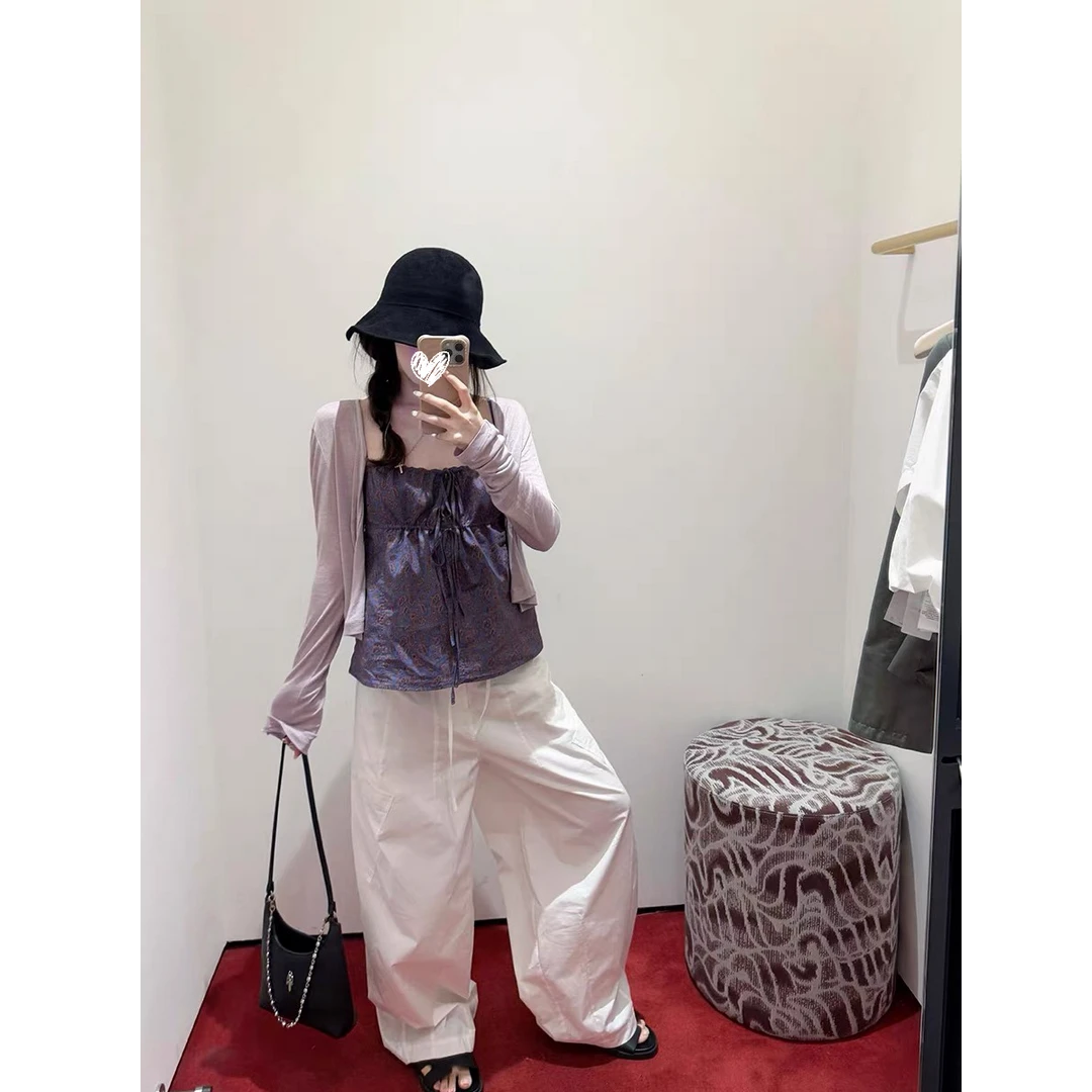 夏季蝴蝶结绑带吊带背心女露背上衣+紫色开衫+白色慵懒阔腿裤套装