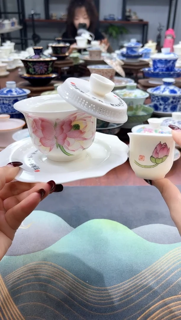 【闪购商品】360度出水荷花悬停盖碗+2杯