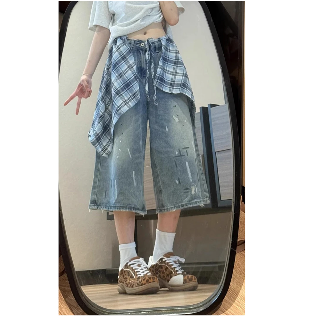 美式泼墨屁帘拼接牛仔七分裤女2025夏季新款宽松显瘦阔腿牛仔裤