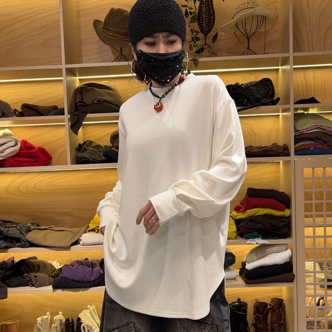 10106冬季新品简约百搭夹绒半圆角圆领大T恤