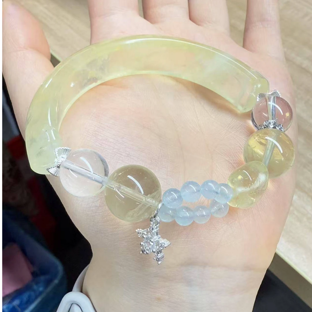 A-1714【柠檬海盐星】 白阿塞 海蓝宝 柠檬晶星星 百搭水晶手串