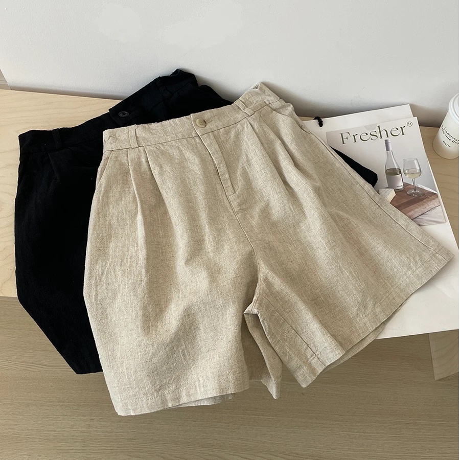 复古棉麻阔腿短裤女夏季松紧腰宽松高腰显瘦a字休闲中裤五分裤子