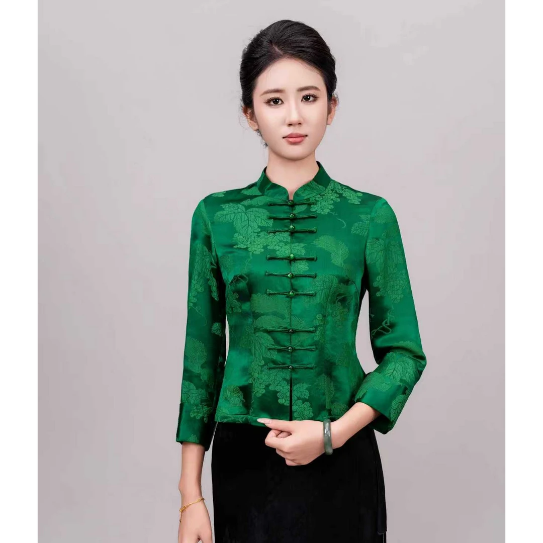 曼谷绿色桑蚕丝上衣气质长袖网红时尚国风款