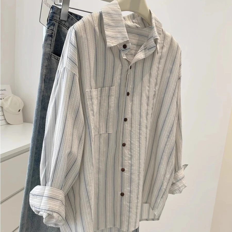 盐系蓝白竖条纹衬衫韩版春夏秋提花刺绣宽松长袖上衣防晒衫衬衣女