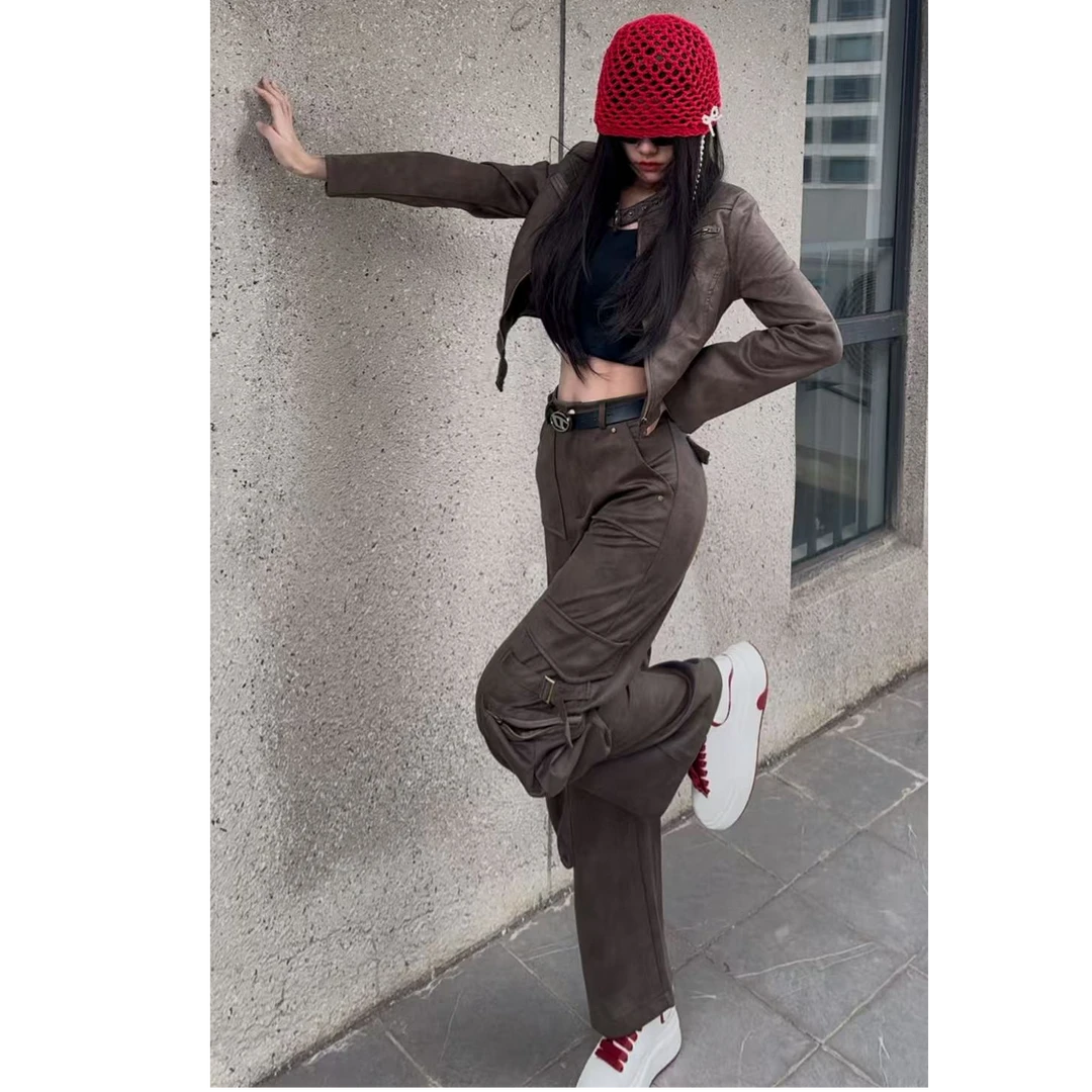 美式复古机车短款美拉德皮衣夹克外套女2025年新款套装Z210