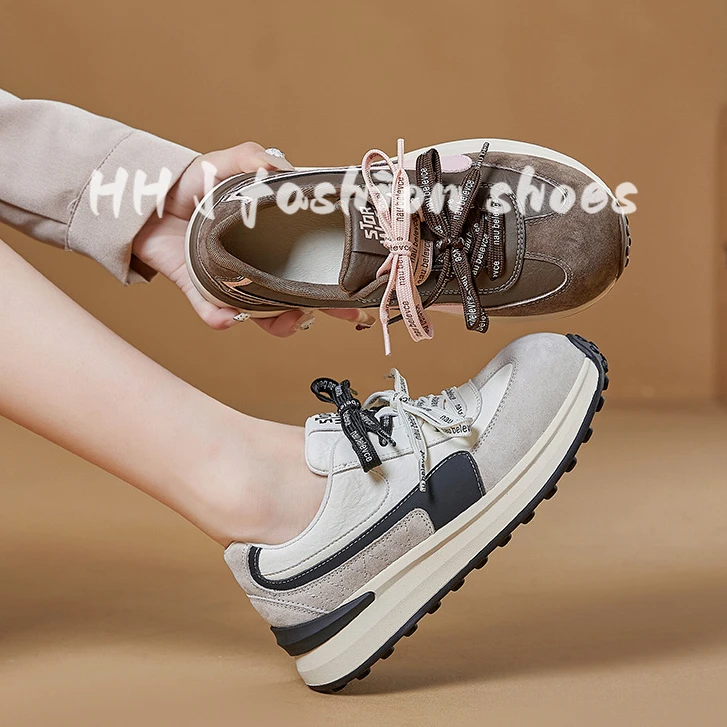 真皮德训鞋女款2025秋季新款运动老爹鞋休闲百搭厚底拼色阿甘鞋女