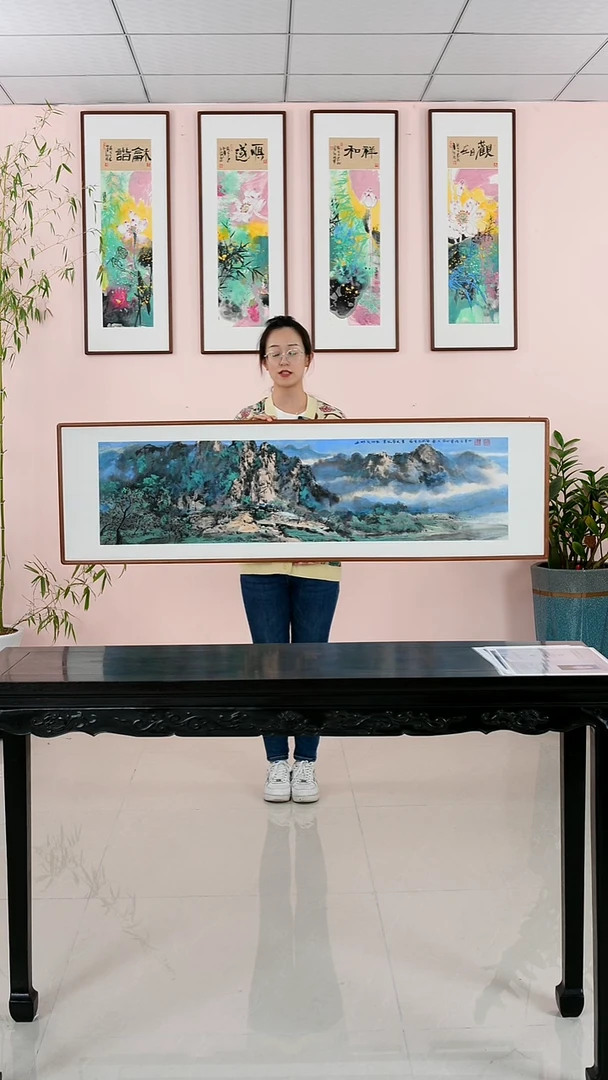 国画 王学田《山水气如虹春来草木青》纯手绘檀木框162*47厘米