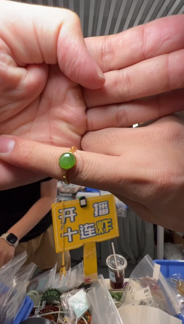银S925镶嵌戒指和田玉碧玉圆形蛋面活口戒指S925银