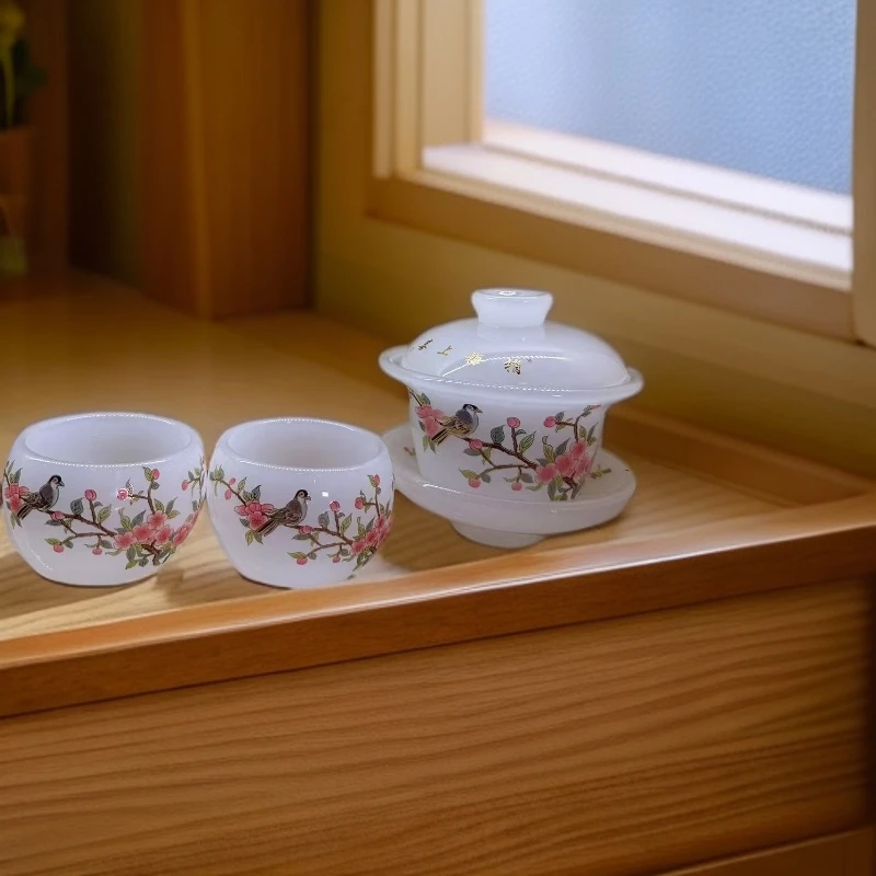 琉璃桃花三才盖碗-手工手工高档家用陶瓷中式手绘白瓷精美 1071