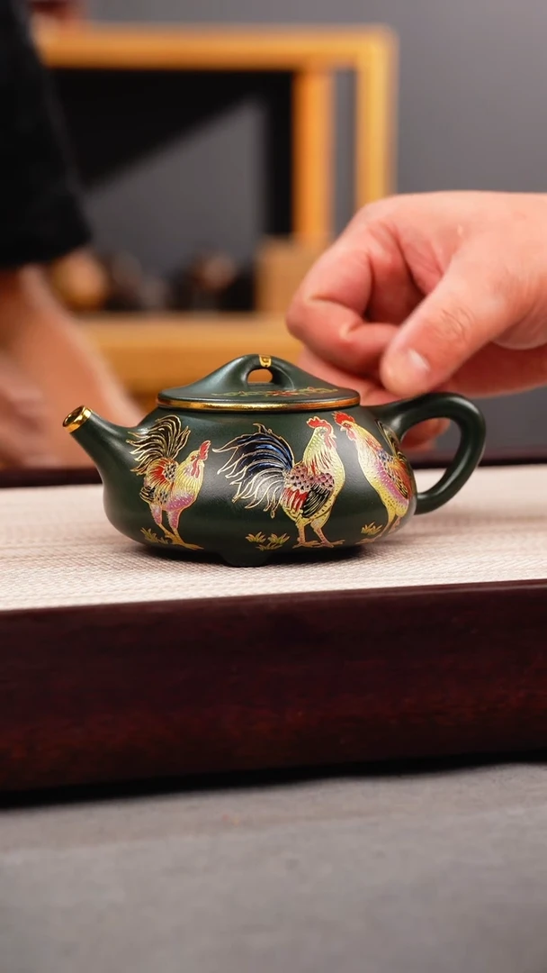 茶壶紫砂绿泥  景舟石瓢 锦鸡珐琅彩
