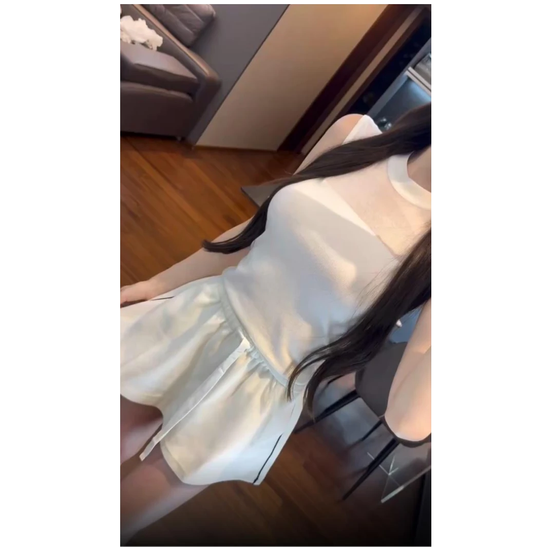 2025夏季新款高级感纯欲甜辣妹网纱拼接无袖针织背心配半身裙裤女