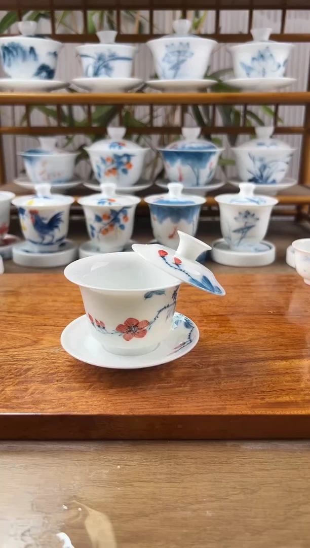 微瑕山茶花三才小马蹄盖碗