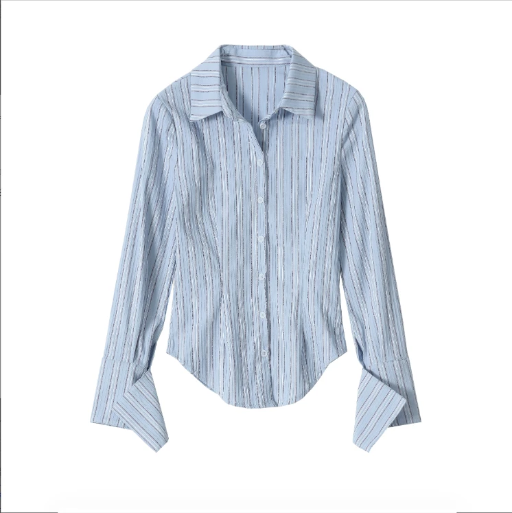 修身衬衫女衬衣长袖蓝色时尚休闲女士小众条纹