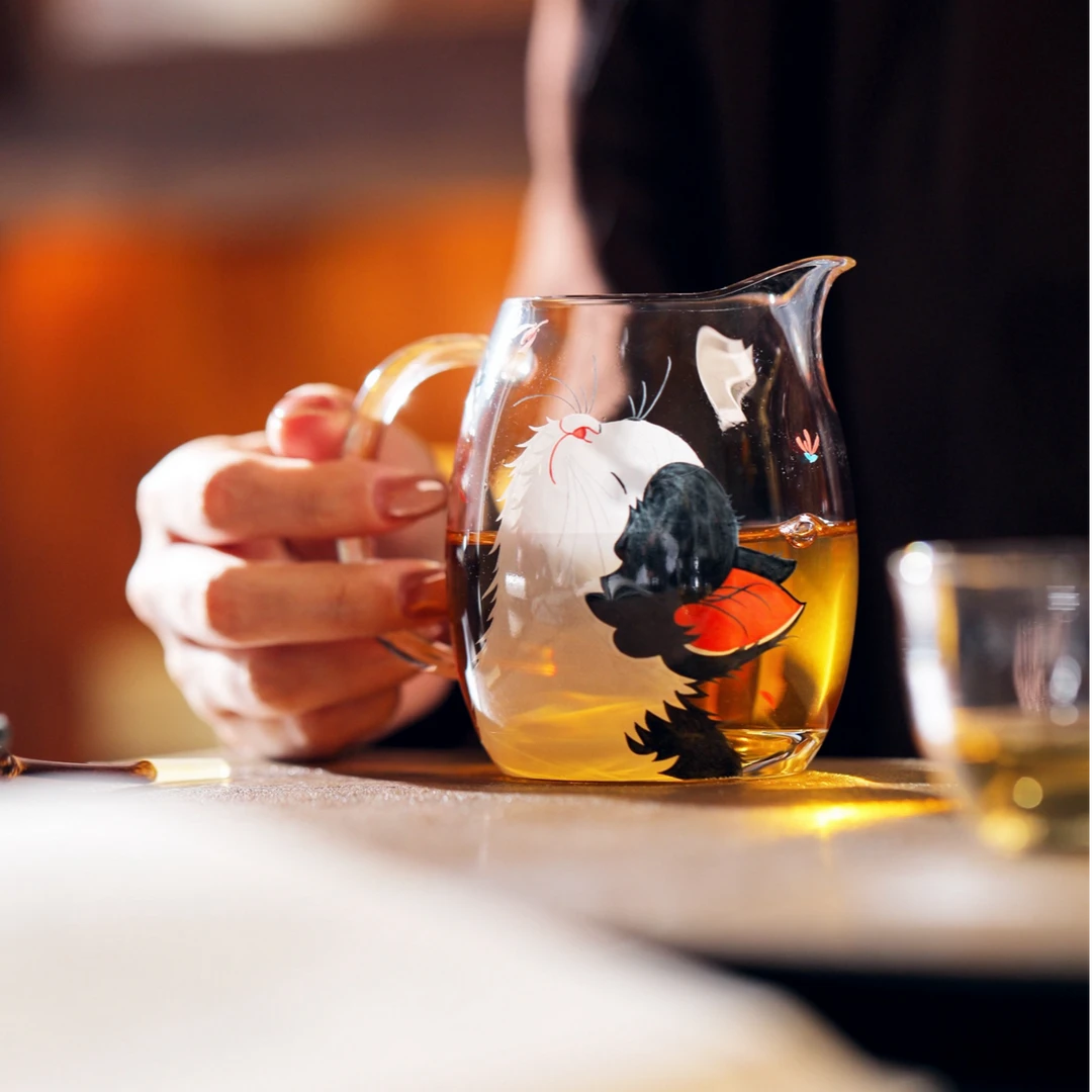 物肆禾器联名款猫猫公道杯 300毫升手绘猫咪高硼硅玻璃公道分茶器
