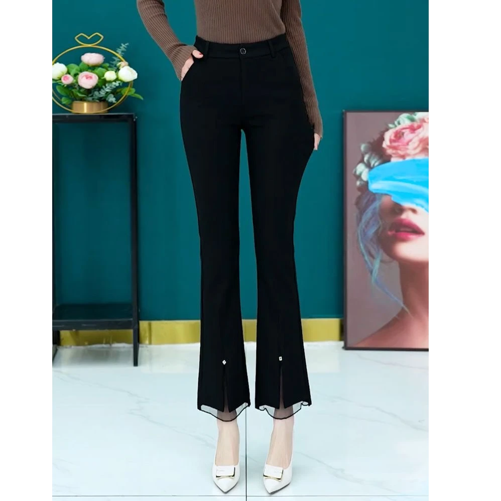 显瘦微喇裤微喇叭裤女2025新款高腰休闲黑色弹力修身蕾丝裤子