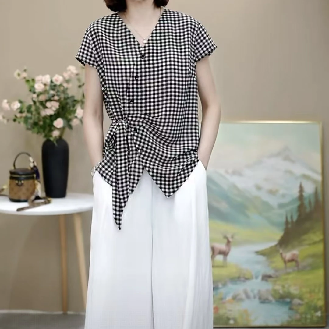 格子休闲短袖衬衫女2024夏季新款宽松遮肚子显瘦冰丝衬衣波点上衣