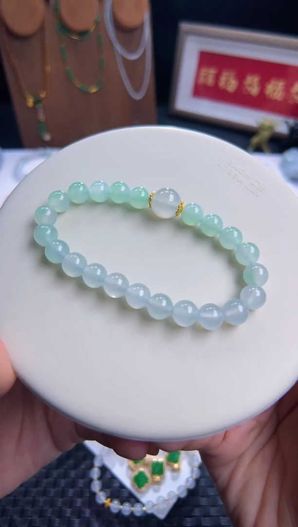 足金镶嵌手链翡翠正冰渐变冰甜绿设计款！卡7到10正冰圆珠！巨漏！