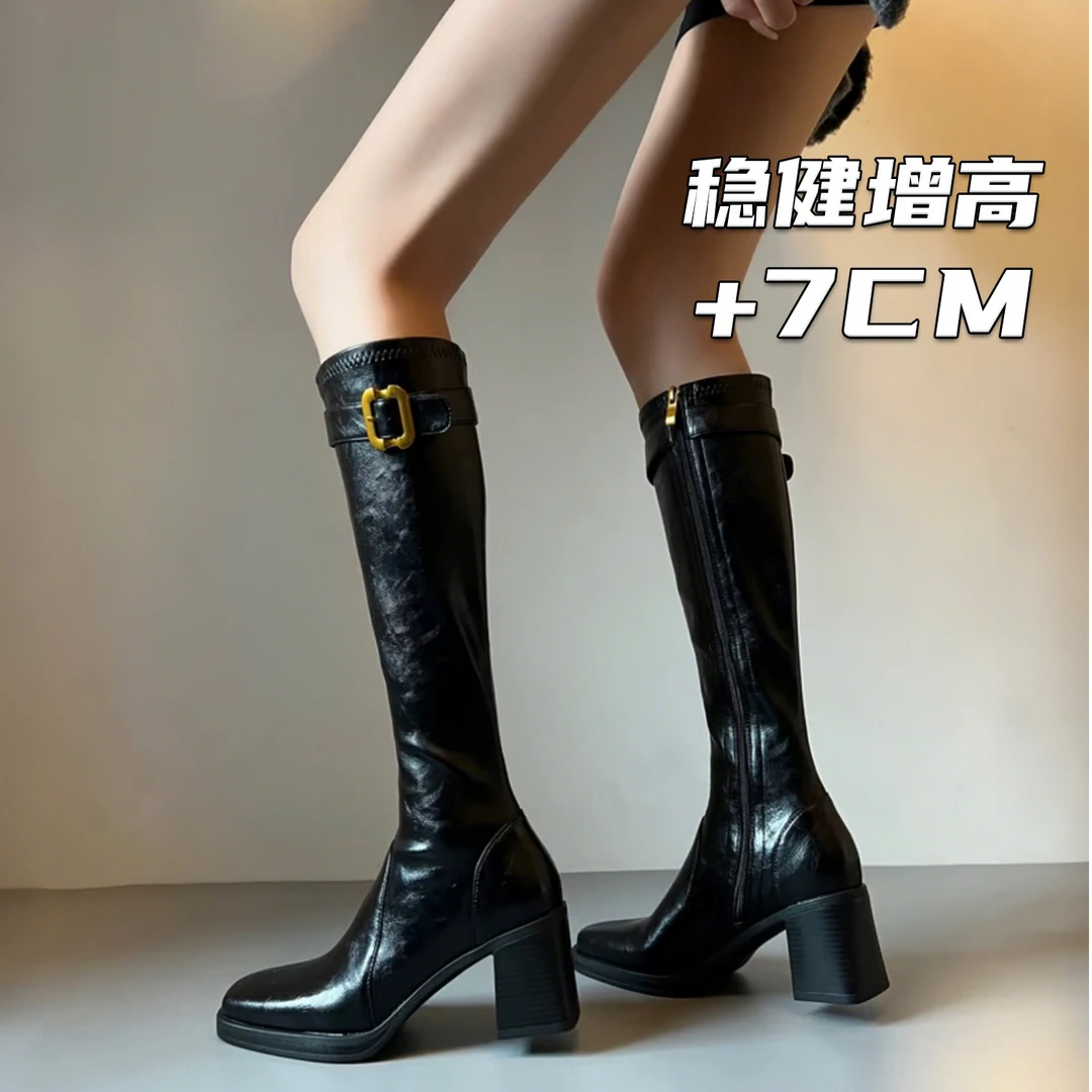 辣妹风高跟长筒靴女皮带扣方头包腿瘦腿长靴子2025秋冬爆款骑士靴