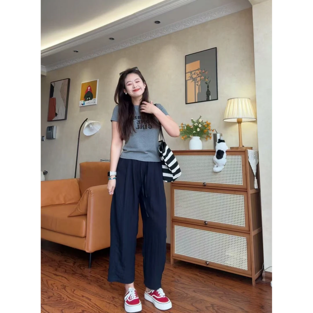 老钱风裤女夏季新款宽松直筒休闲小个子莱赛尔亚麻阔腿裤JJ-82668