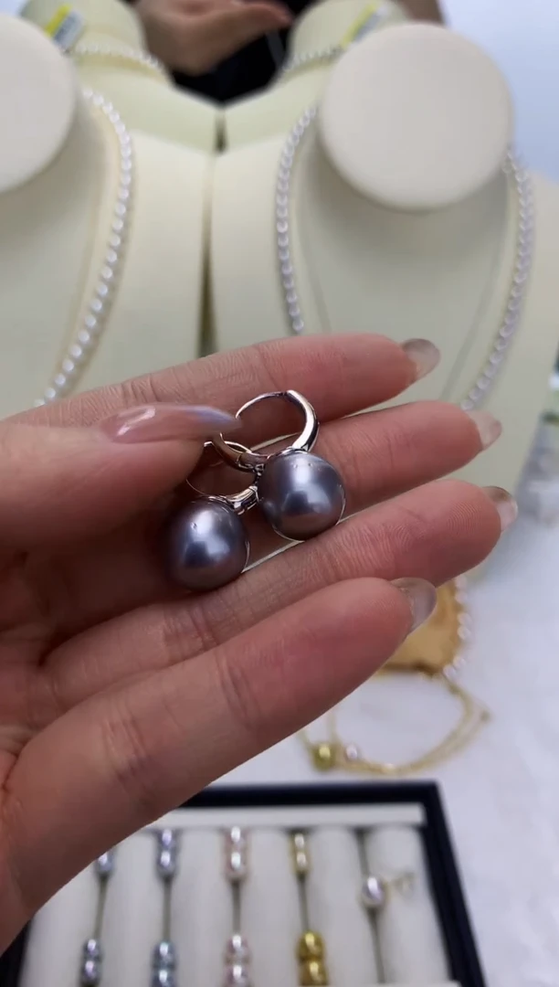 银S925镶嵌DA海水珍珠 大溪地耳扣12-13MM XH034