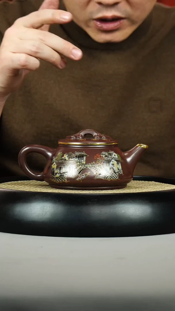 茶壶紫砂石红 如意石瓢 珐琅彩 江南水乡