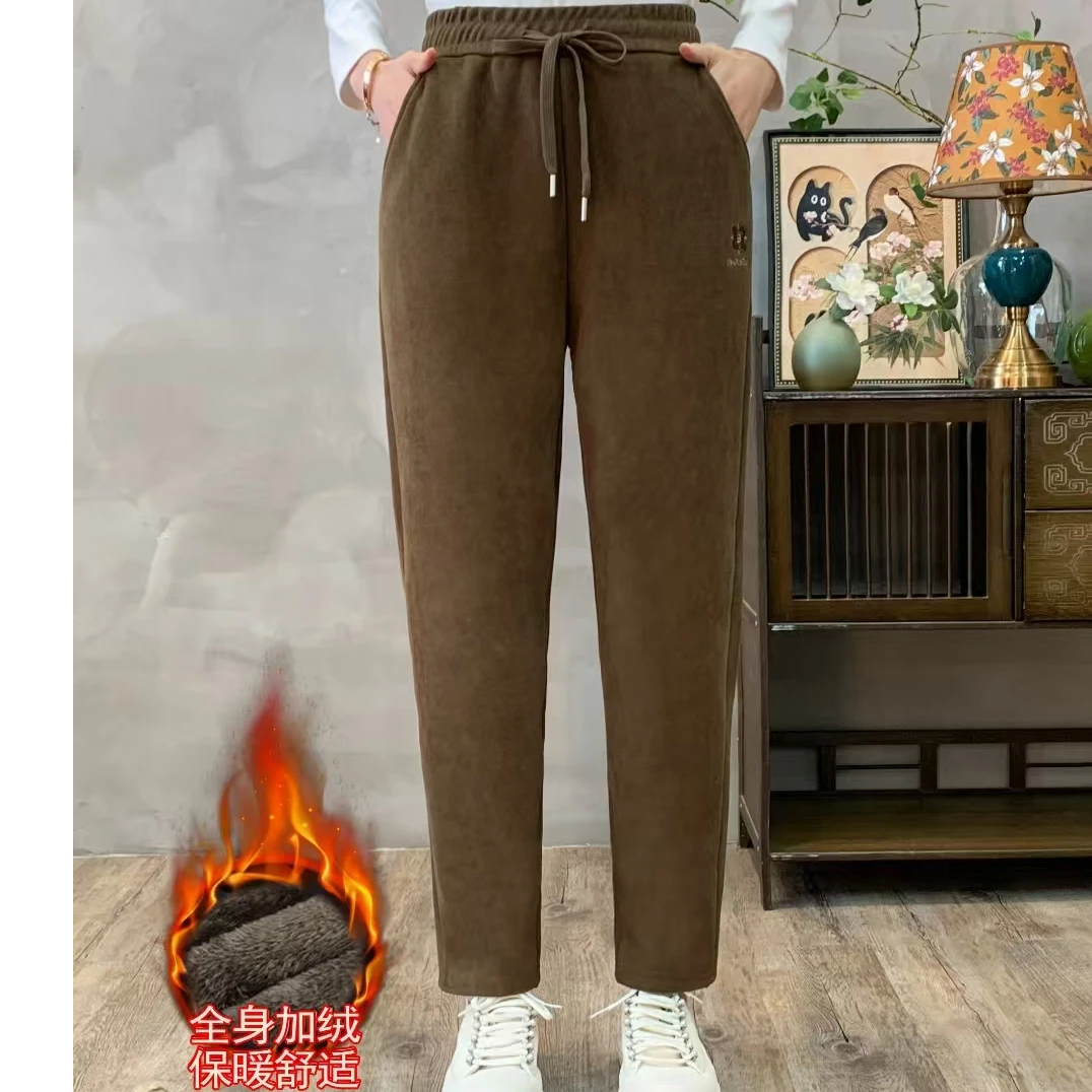 北极绒加绒加厚长毛刺绣B标显瘦百搭休闲小脚哈伦裤