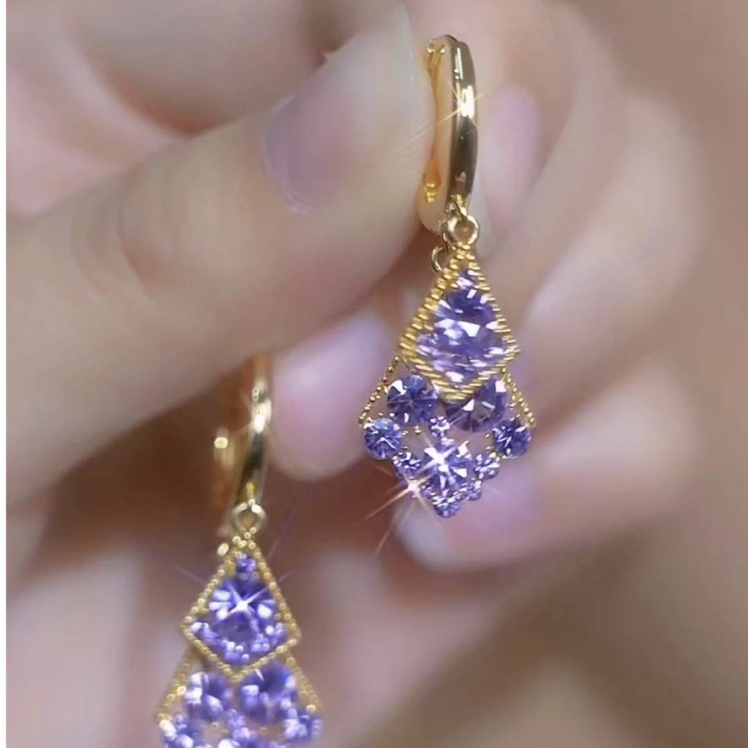 铜合金合成锆石耳饰 紫色日韩耳环奢华设计感时尚百搭耳饰小众F47