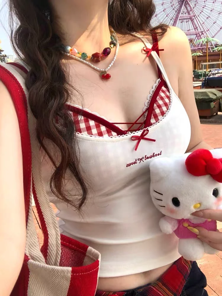 纯欲辣妹蕾丝吊带背心带胸垫修身美背设计感上衣