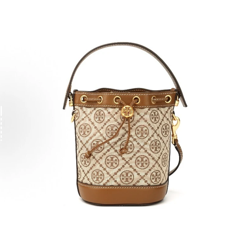 99新 TORY BURCH/汤丽柏琦 帆布拼皮金扣抽绳水桶包单肩包