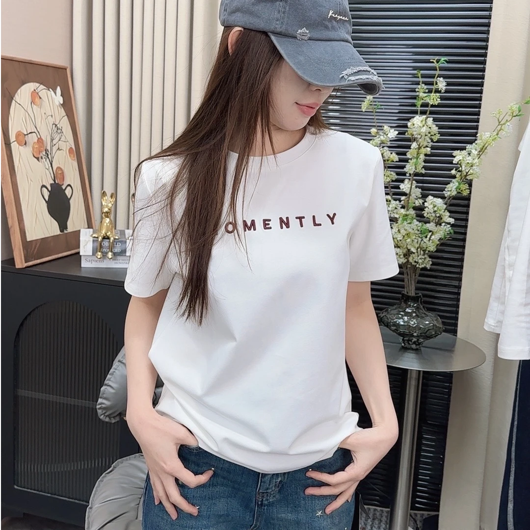 2025春夏新款时尚百搭休闲圆领正肩显瘦字母刺绣短袖T恤女ins