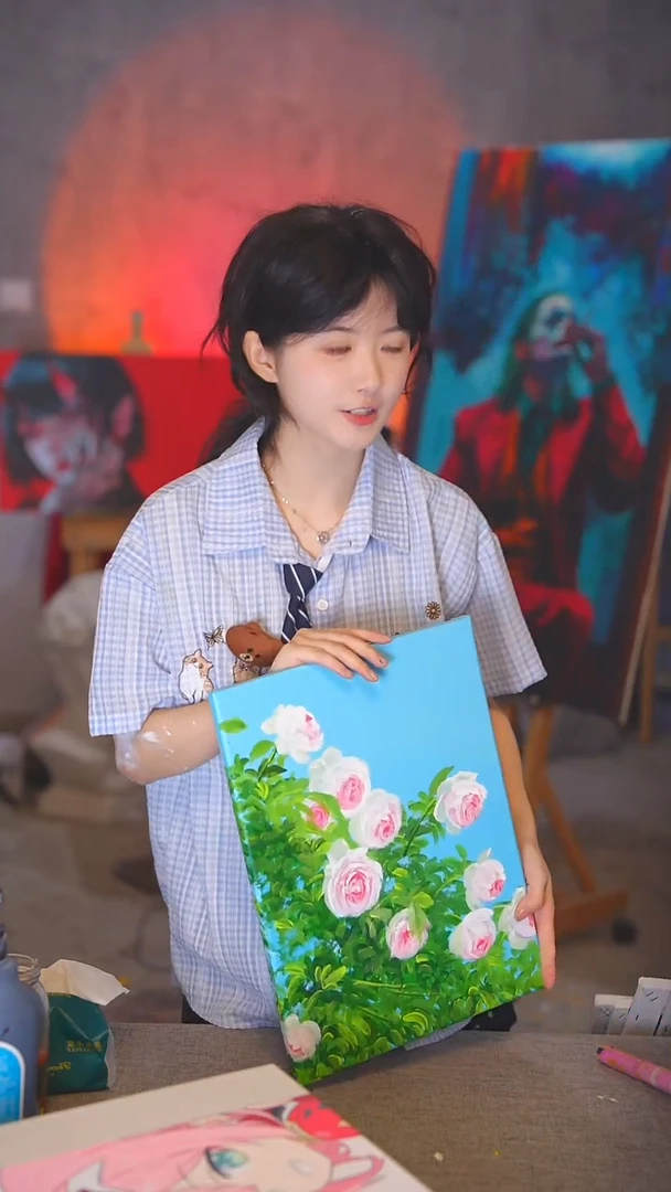 油画菠***茶小玫瑰丙烯画纯手绘