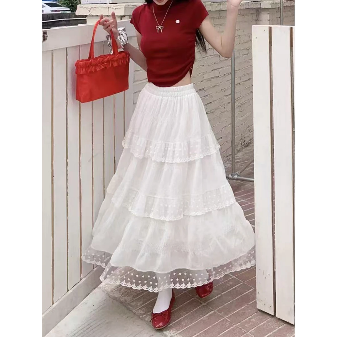 格子推荐~蕾丝镂空花边松紧腰蛋糕裙半身裙6907