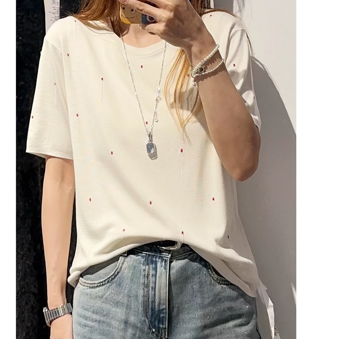 【100桑蚕丝】256541-100桑蚕丝简约法式火柴刺绣短袖