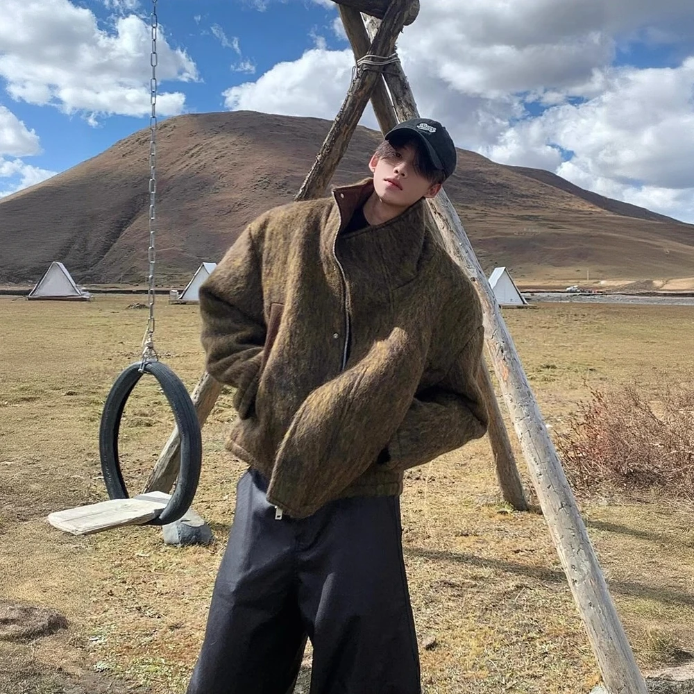 韩版高街灯草毛绒棕色立领休闲夹克外套潮牌流行棉衣上衣秋冬保暖