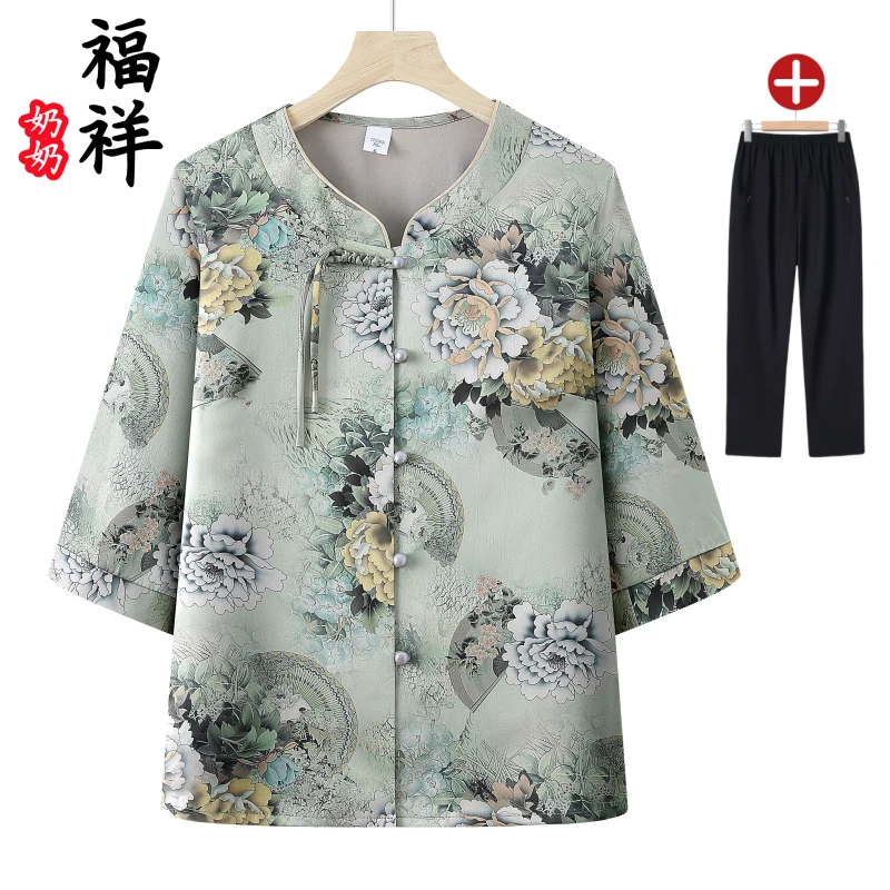 中老年人国风夏装妈妈装夏季高端衬衫老年人奶奶装中式老太太衣服