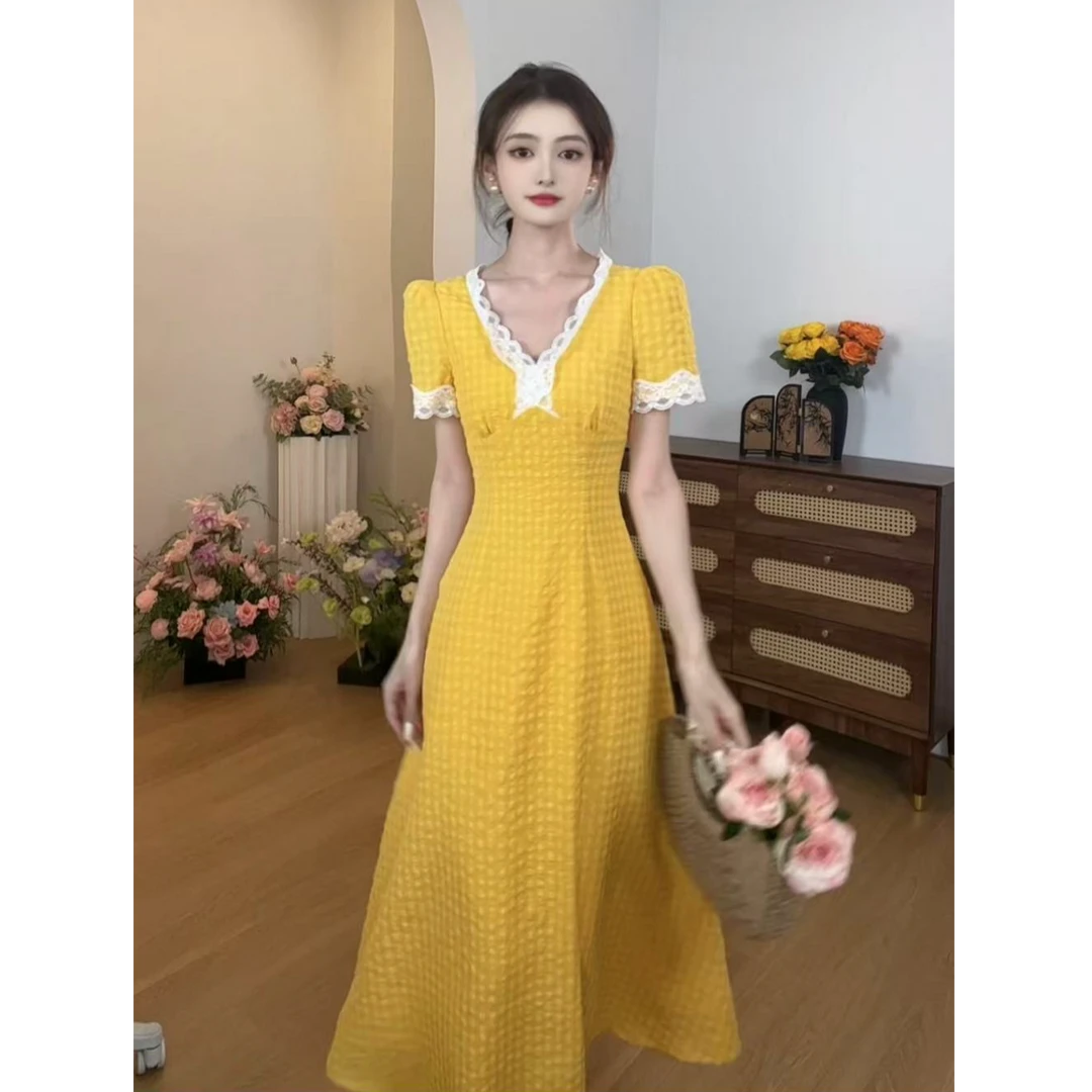 ＜小瑜＞【奶黄椰蓉】法式田园度假风黄色格纹连衣裙夏季XMZH6767