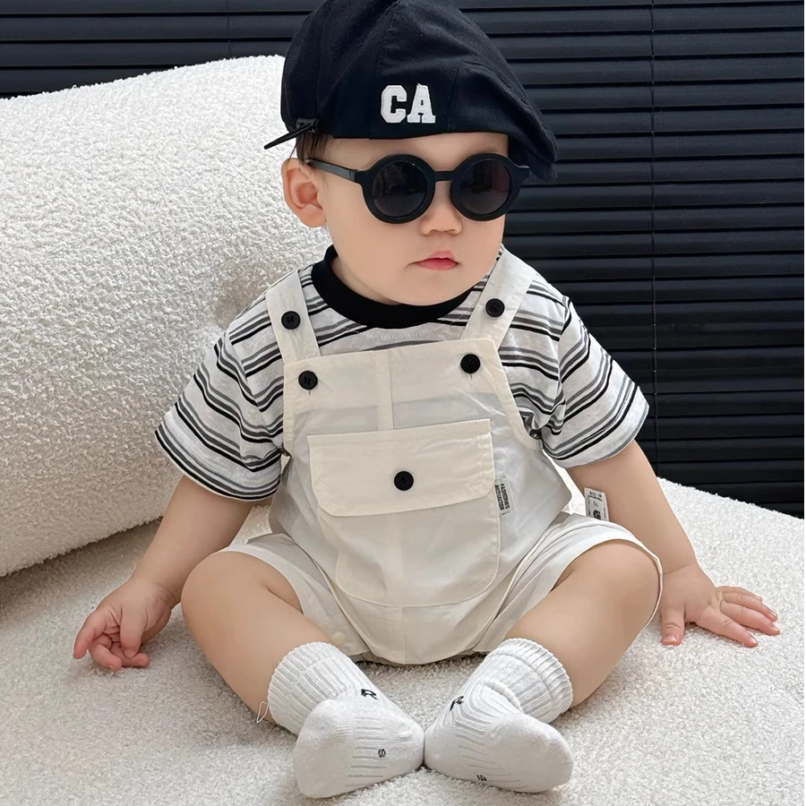 宝宝夏季连体衣婴儿洋气小套装可爱条纹背带哈衣T恤两件套百天服