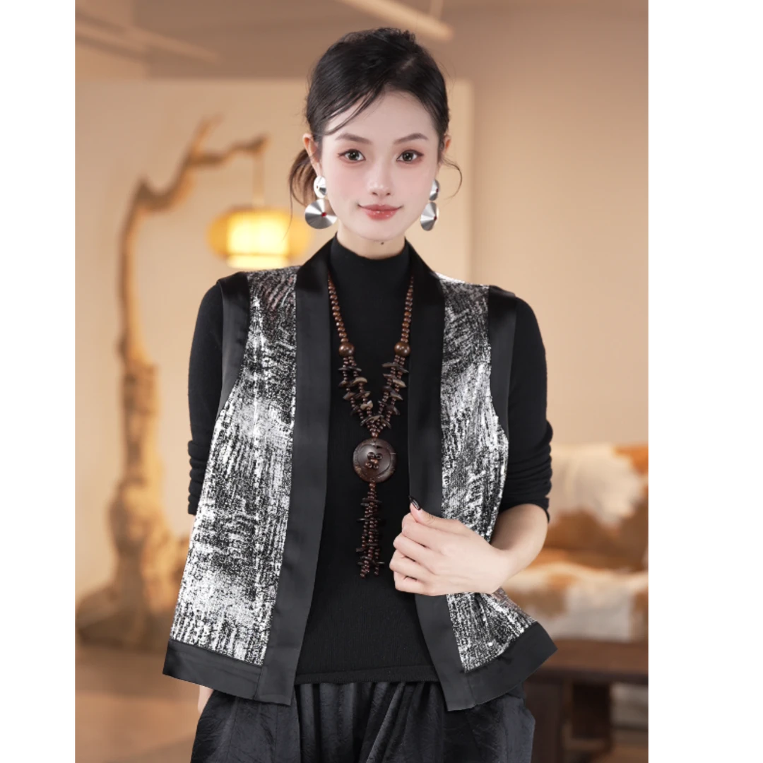 【镶守·山川】春季新中式印花轻奢洋气百搭古风马甲G3299-1银黑
