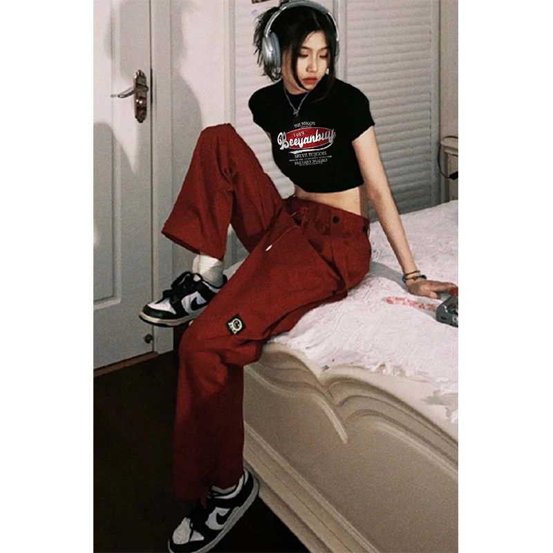 小个子穿搭酒红色正肩短袖T恤女夏季甜辣妹修身显瘦短款小衫上衣