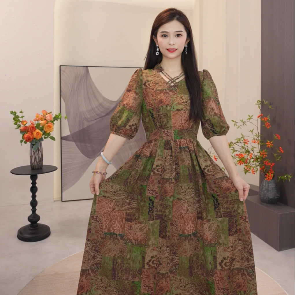 格澜芙莉2025年夏季新款气质复古收腰显瘦优雅中长款设计师连衣裙
