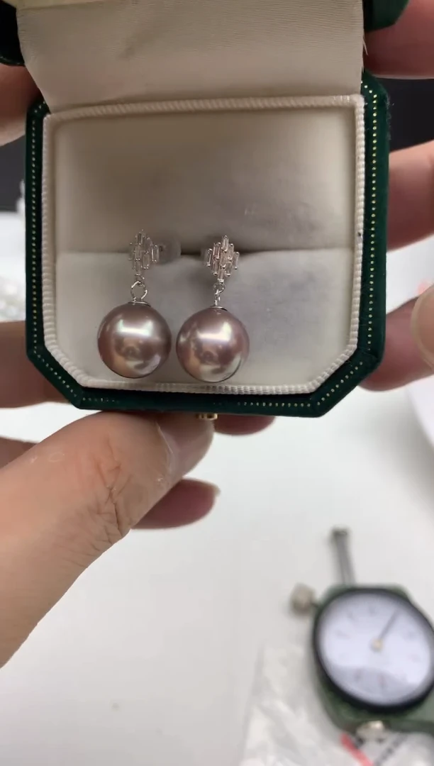 银S925镶嵌ff淡水珍珠紫珠耳饰