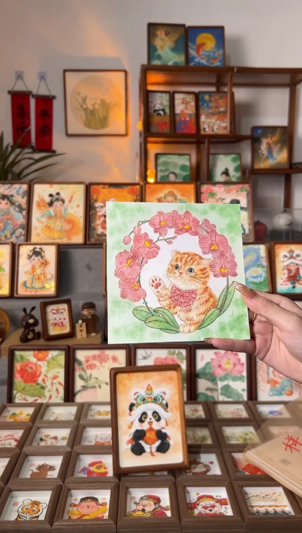 【闪购商品】国画蝴蝶兰小猫 手绘国画15画芯