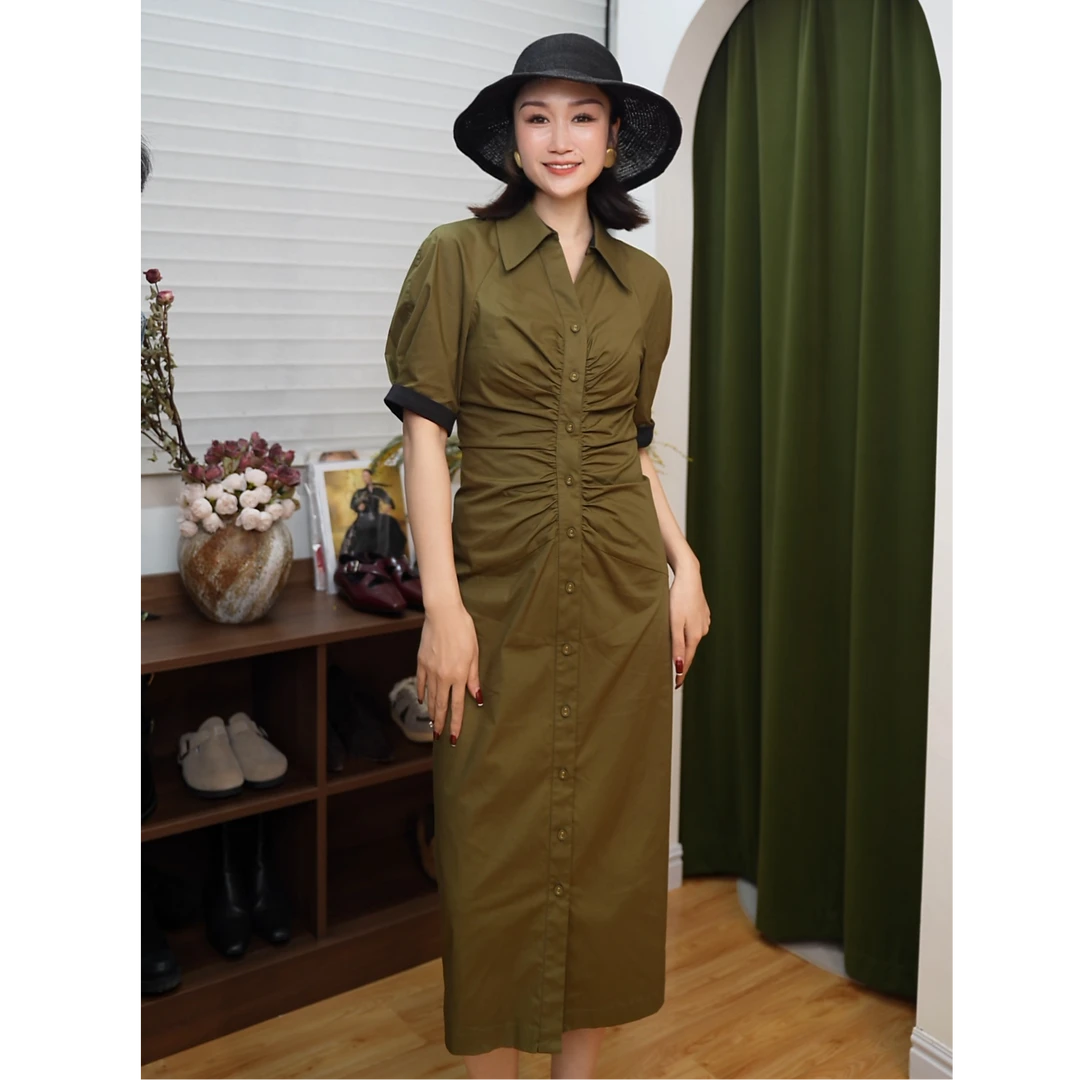 葭恩橄榄绿修身衬衫连衣裙0812