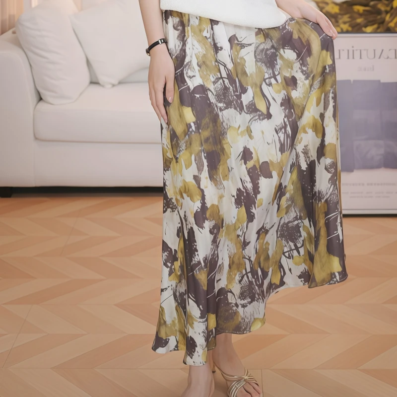 修身水洗碎花扎染优雅半身裙薄款显瘦女装时尚A字裙咖啡色JL25A38