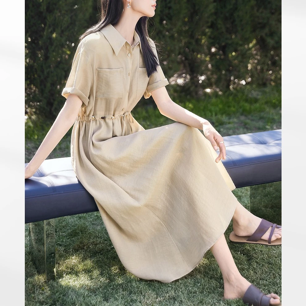 高级感轻薄串珠收腰连衣裙女2025夏季新款休闲通勤垂感翻领衬衫裙