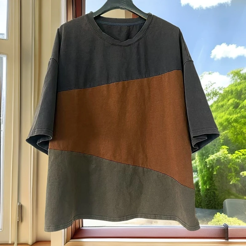 衣秋白351022夏季薄款圆领拼接宽松T恤