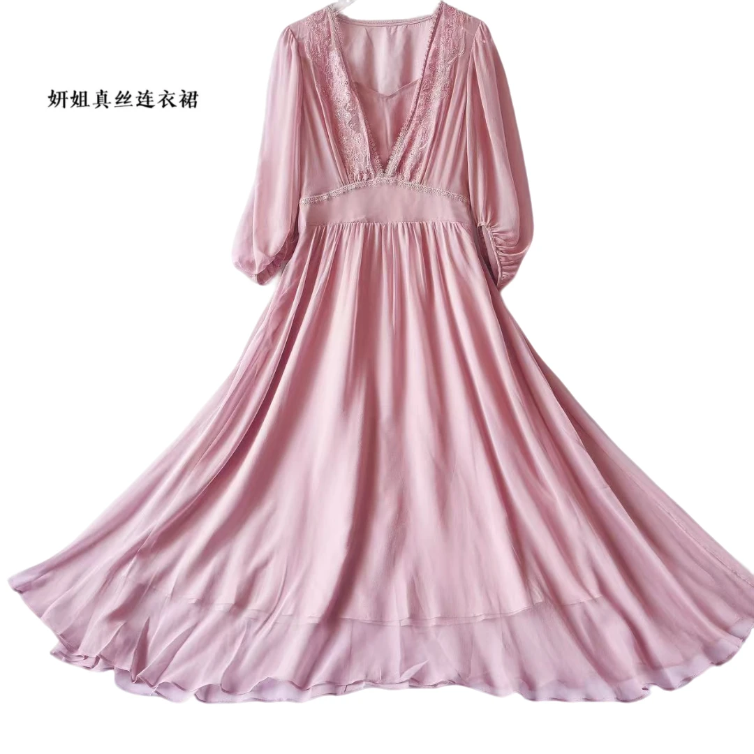 2025妍姐真丝夏新款高端气质轻奢真丝连衣裙粉色 25s-8063