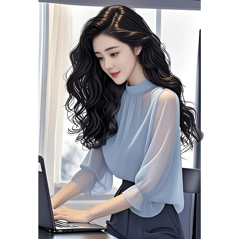 蓝色中袖雪纺衬衫女夏季设计感小众优雅衬衣气质冷淡系高级感小衫