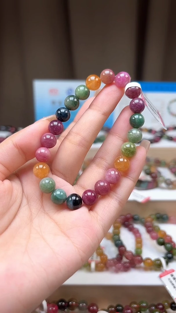 手串未镶嵌碧玺8.9mm浓郁艳丽彩虹色高阶油画体单圈手串